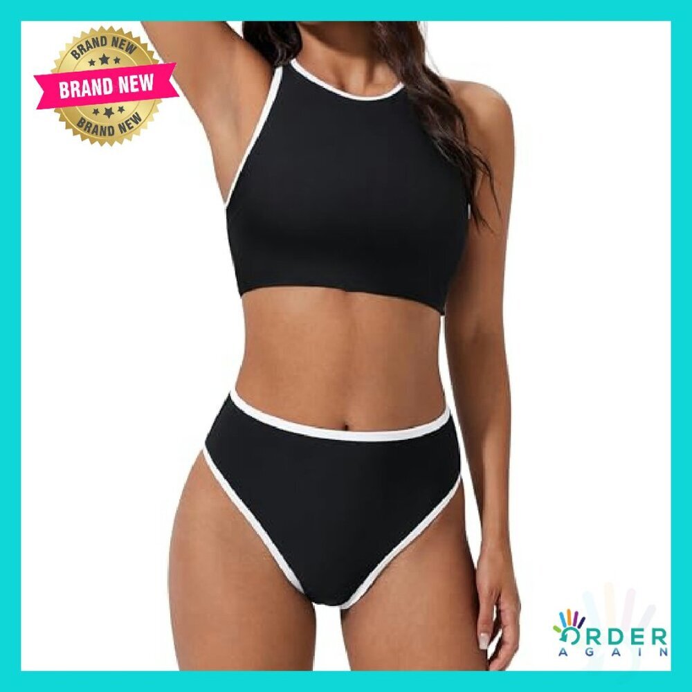 High Waisted Retro Sporty Bikini Set Adjustable Straps Removable Padding - Picture 2 of 8